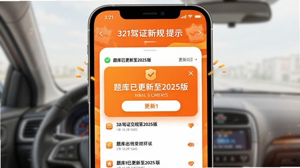 321驾证交规新规更新提示界面,手机屏幕显示“题库已更新至2025版”弹窗,背景为橙色系,配有更新日志列表,整体风格活泼醒目,突出软件名称与更新内容