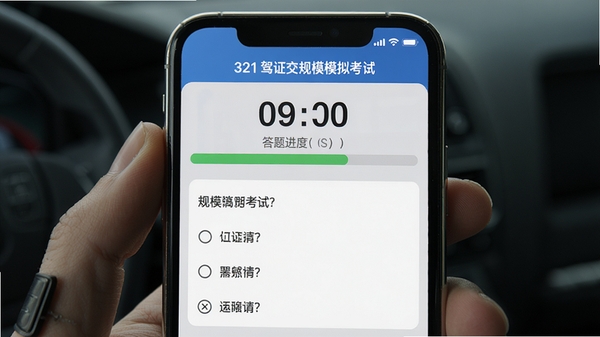 321驾证交规模拟考试界面,显示倒计时与答题进度条,手机屏幕内呈现单选题样式,背景为淡灰色,界面干净清晰,突出考试氛围与软件名称