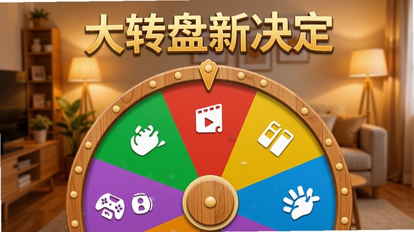 大转盘新决定软件主界面预览图,画面中央是一个色彩鲜艳的木质纹理大转盘,转盘被分为红黄蓝绿紫五个彩色扇区,每个扇区上分别印有食物、电影、出行、家务、休闲的白色图标,背景是温馨的家庭客厅环境,暖色调灯光,转盘上方有金色的
