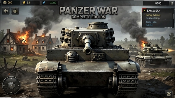 Panzer War Complete Edition游戏主界面预览图,画面中央是一辆虎式坦克正面特写,背景为硝烟弥漫的欧洲战场,远处有燃烧的村庄和行进中的装甲纵队,UI界面显示资源栏和任务提示,风格写实,光影细腻,适配手机竖屏显示