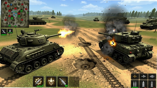 Panzer War Complete Edition多人对战实况截图,画面左侧是玩家操控的谢尔曼坦克正在开火,右侧敌方豹式坦克中弹冒烟,地面有弹坑和履带痕迹,小地图显示双方兵力分布,界面底部有技能按钮和弹药切换图标,风格写实,色彩饱和