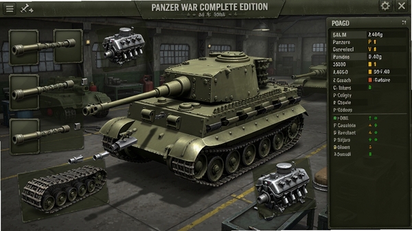 Panzer War Complete Edition战车改装界面截图,展示虎式坦克的装甲模块分解图,周围环绕炮管、履带、发动机等可替换部件图标,界面采用军事风格深绿色调,数据面板清晰显示各项参数,背景为工厂车间场景