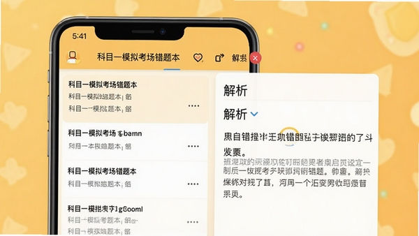科目一模拟考场错题本界面,显示错题列表和解析文字,背景为暖黄色,手机屏幕居中,画面温馨清晰