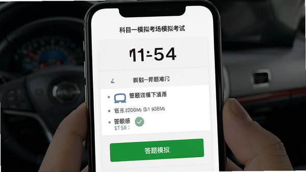 科目一模拟考场模拟考试界面,手机屏幕显示倒计时和答题卡,背景为白色,按钮为绿色,画面简洁专业