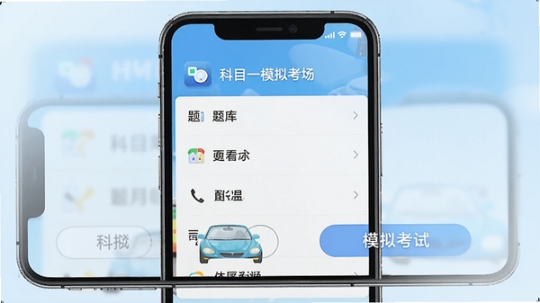 科目一模拟考场app主界面截图,展示题库列表和模拟考试按钮,背景为浅蓝色渐变,手机屏幕居中显示,画面清晰明亮,突出软件名称科目一模拟考场