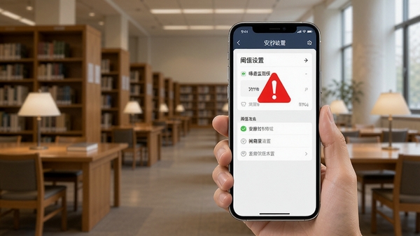 噪音监测仪预警功能示意,手机屏幕显示阈值设置界面,红色警示标识醒目,背景为安静的图书馆环境,强调安静守护场景,画面干净,警示元素突出