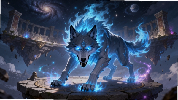 幻化竞技场游戏主视觉图,画面中央是一头散发着蓝色火焰的巨狼幻灵,背景是悬浮在星空中的竞技场石台,周围有魔法能量流动,整体风格奇幻绚丽,细节丰富,适合作为游戏宣传图