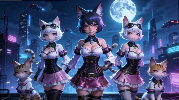 一张《猫之城》游戏主视觉图,画面中央是主角与几只形态各异的猫娘伙伴站在霓虹闪烁的都市楼顶,背景是赛博朋克风格的未来城市天际线与巨大月亮,整体色调以蓝紫为主,角色服装细节精致,氛围神秘而华丽,强调都市幻想题材与猫咪伙伴的核心元素