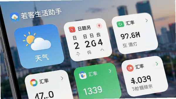 若客生活助手功能聚合界面特写,画面展示软件内集成的天气、日历、汇率等多种小工具卡片,卡片设计圆润精致,信息清晰易读,背景为模糊化的城市景观,突出软件的实用性与生活化场景