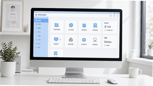 若客生活助手软件主界面全景预览图,展示其模块化布局与清爽的视觉风格,背景为现代简约的电脑桌面环境,软件窗口居中显示,图标排列整齐,色彩以淡蓝和白色为主色调,营造出高效、整洁的工具软件氛围