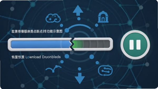 Persepolis Download Manager 断点续传功能示意图,画面中一个下载进度条在中断后从断点处继续前进,旁边有一个类似播放器的继续按钮图标,背景有网络连接符号,强调恢复下载的便捷性