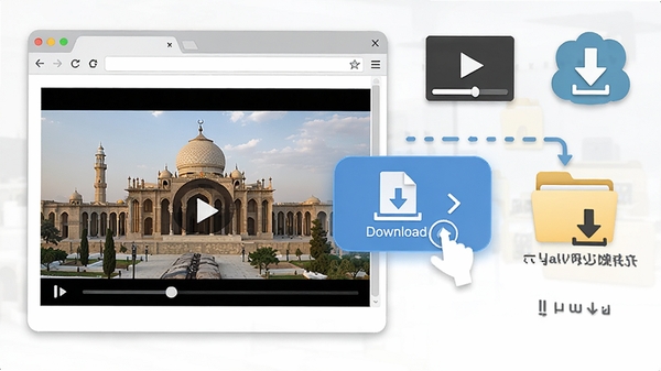 Persepolis Download Manager 视频嗅探功能示意图,画面中一个浏览器窗口正在播放视频,旁边浮动着一个下载按钮,点击后文件被保存到本地文件夹,背景有视频播放和下载的图标,强调一键下载的便利性