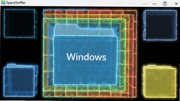 SpaceSniffer����ӳ����ͼ��д��չʾ��ͬ��ɫ�ͳߴ�ľ��η�����Ƕ�ף���󷽿��עΪ��Windows���ļ��У��Ա�����ɫ�ͻ�ɫ��С���飬����Ϊ����ɫ�������Ե�з���Ч������������SpaceSnifferλ�����Ͻǣ����廭������ϸ��