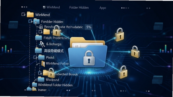 WinMend Folder Hidden 高级隐藏模式示意图,一个文件夹图标隐藏到复杂的系统目录树中,周围有锁形图标保护,背景为深蓝色科技感风格