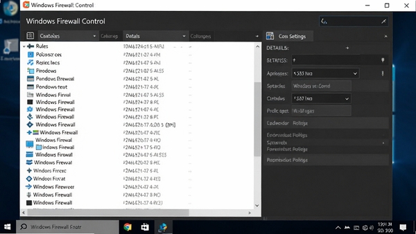 Windows Firewall Control 软件主界面截图,左侧规则列表,右侧详细设置面板,现代简约风格,背景为深色系统桌面,整体画面清晰明亮,突出软件名称和主要功能区域,风格写实。