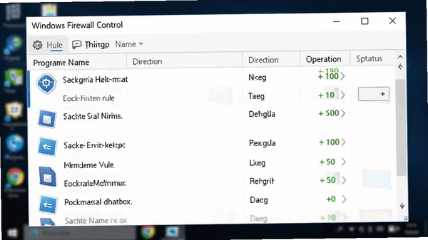 Windows Firewall Control 规则列表界面,显示多个程序规则条目,每个条目包含程序图标、名称、方向、操作状态,界面采用浅色主题,列表清晰,背景为模糊化的系统桌面,突出软件名称。