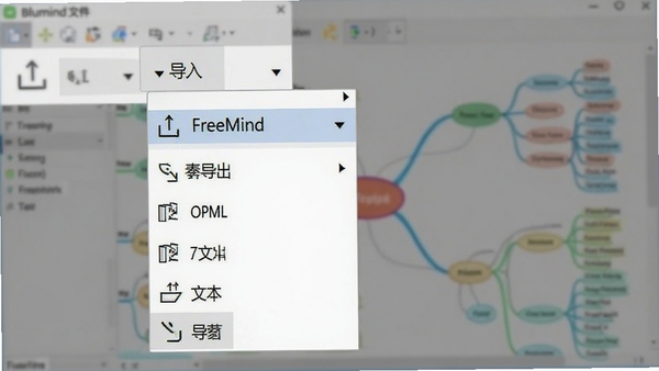 Blumind文件导入导出功能示意图,画面展示软件界面上的“导入”与“导出”菜单下拉列表,包含FreeMind、OPML、文本等格式选项,背景为模糊的思维导图