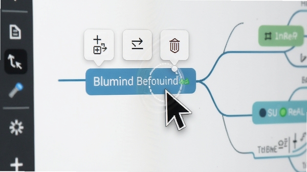 Blumind思维导图节点编辑操作特写,鼠标指针悬停在分支节点上,周围浮现出添加子节点、删除、样式调整等快捷图标,界面干净,突出交互的直观性