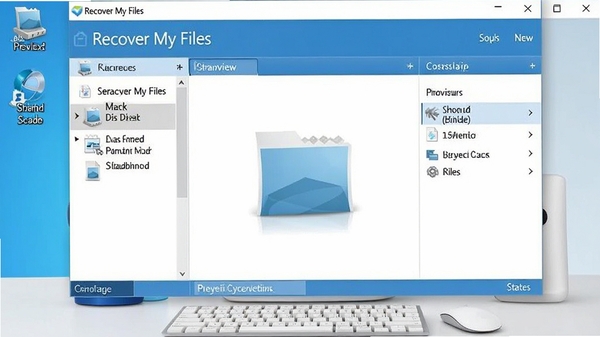 Recover My Files 数据恢复软件主界面预览图,界面布局清晰,左侧为磁盘与扫描选项列表,右侧为文件预览与恢复状态区域,整体风格简洁专业,色彩以蓝白为主,背景为干净的电脑桌面环境