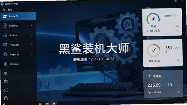 黑鲨装机大师主界面预览图,深蓝色调,左侧功能列表,右侧系统状态卡片,背景为电脑桌面与齿轮元素,整体风格简洁科技感,画面中心显示软件名称与版本号
