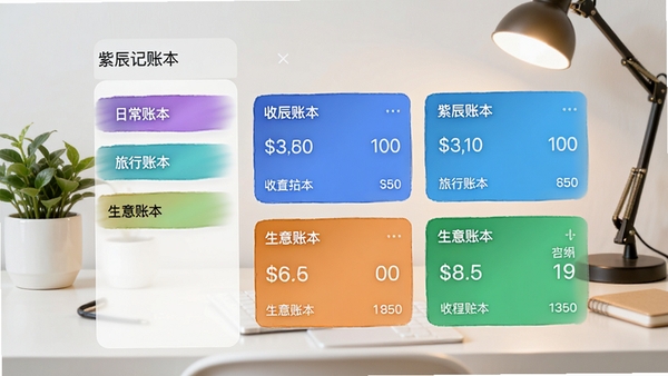 紫辰记账本多账本管理界面,左侧列表显示“日常账本”、“旅行账本”、“生意账本”三个标签,右侧展示对应账本的收支汇总卡片,色彩区分明显,界面清爽,背景为简约书桌场景,配有绿植和台灯