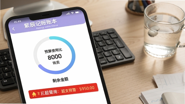 紫辰记账本预算设置页面,环形进度条显示预算使用比例,剩余金额数字醒目,下方为超支预警红色提示条,背景为办公桌一角,有键盘和水杯,突出财务管控主题