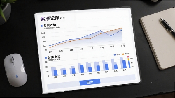 紫辰记账本报表页面,折线图展示月度收支趋势,柱状图对比分类支出,底部有导出按钮,背景为深色桌面,配有鼠标和笔记本,强调数据统计功能