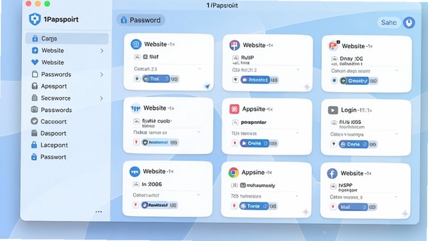 1Password������Ԥ��ͼ��չʾһ������������������棬����Ƿ����б����Ҳ��Ǹ�����վ�ĵ�¼��Ϣ��Ƭ������Ϊǳɫ���䣬�������ִ���࣬ͻ����ȫ�к�������