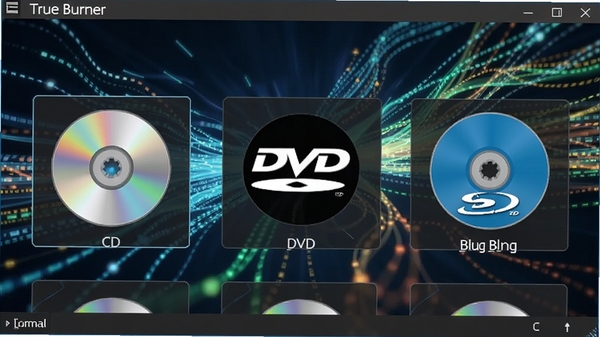 True Burner软件界面显示多种光盘格式选项,包括CD、DVD和蓝光光盘图标,背景为抽象的数据流动线条,色彩明亮,突出软件对多种格式的兼容性