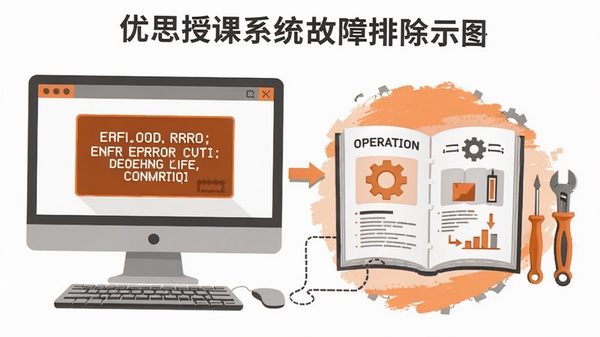 优思授课系统故障排除场景示意图,画面左侧为电脑屏幕显示错误代码,右侧为操作手册与工具,整体风格为扁平化插图,色调以橙色和灰色为主,突出解决问题、修复流程的主题
