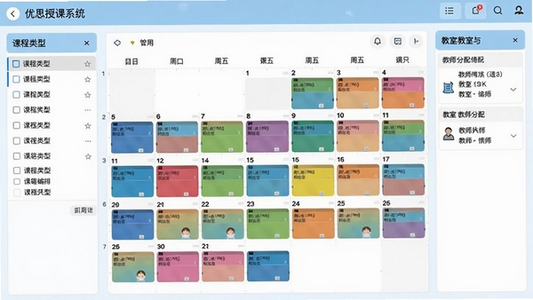 优思授课系统课程编排功能界面截图,展示日历视图中不同颜色标记的课程安排,界面左侧有课程类型筛选选项,右侧显示教室与教师分配情况,整体色调以浅蓝色和白色为主,风格简洁清晰