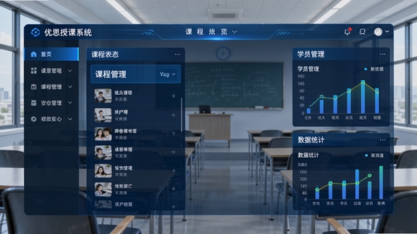 优思授课系统主界面预览图,展示其课程列表、学员管理、数据统计三大核心功能模块的仪表盘布局,界面采用蓝色科技感设计风格,左侧导航栏清晰,背景为现代化教室场景,整体画面明亮、专业、无文字遮挡