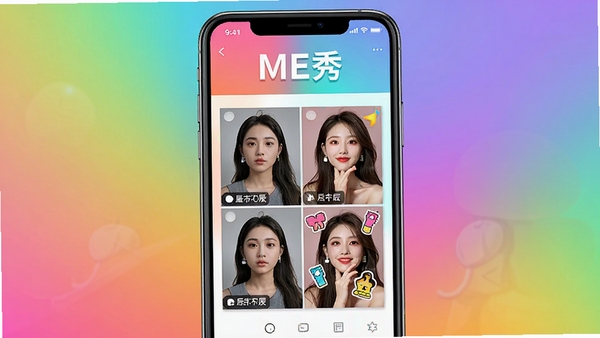 一张手机屏幕展示ME秀应用主界面的场景,背景是多彩渐变,中央显示几张编辑前后的照片对比,突出滤镜和贴纸效果,画面明亮活泼,软件名称“ME秀”清晰可见,整体风格时尚现代