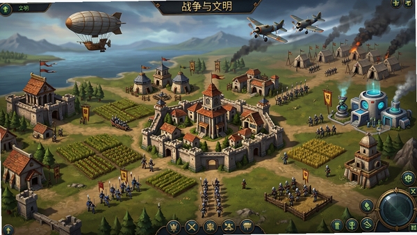 游戏主界面全景截图,展示不同历史时期的建筑风格,背景为广袤的领土与远处的敌军营地,整体色调浓郁,细节丰富,突出文明演进与战争氛围,画面中央是玩家主城,四周环绕着农田、兵营和科研所,天空中有飞艇与战机掠过,地面部队列队行进,清晰呈现《战争与文明》的核心玩法与视觉风格