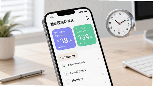 智能提醒助手忆见,手机界面展示多个彩色时间卡片与待办清单,背景为简约办公桌,时钟元素悬浮,整体明亮通透,高清渲染