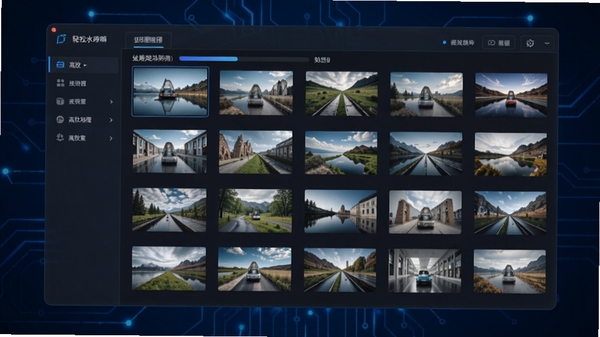 轻松水印批量处理功能示意图,画面中多张图片整齐排列在软件界面中,进度条显示处理进度,背景为深蓝色科技感风格,突出高效与稳定