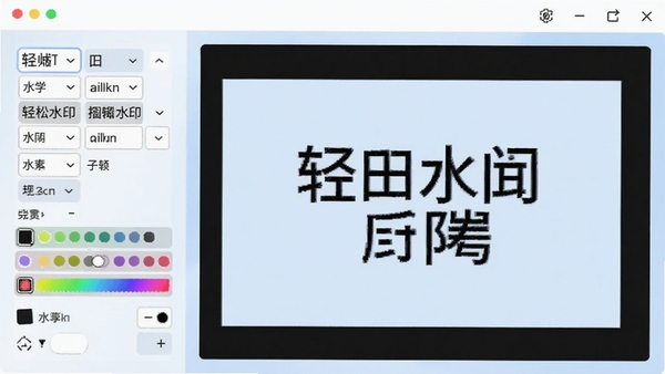 轻松水印文字水印编辑界面,显示字体选择、颜色调整等选项,预览区展示添加文字水印后的效果,背景为淡蓝色调,画面清晰直观