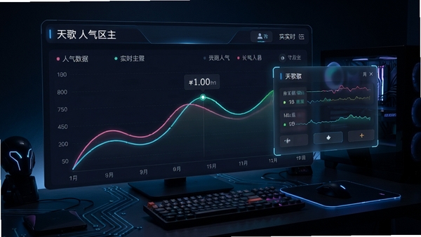 天歌人气区主界面预览图,展示实时人气数据曲线与悬浮窗效果,背景为深色科技感桌面,界面元素清晰明亮