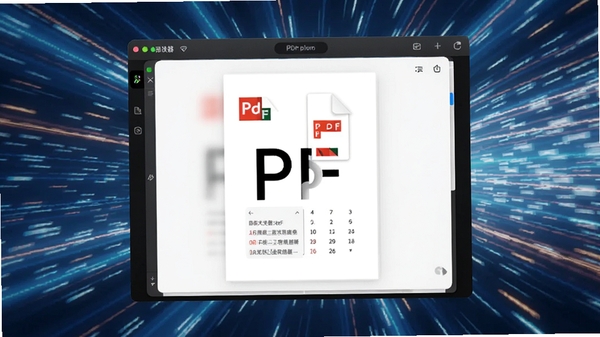 全方位PDF阅读器快速打开大型PDF文件,页面瞬间加载完成,界面流畅无卡顿,背景为动态速度线条
