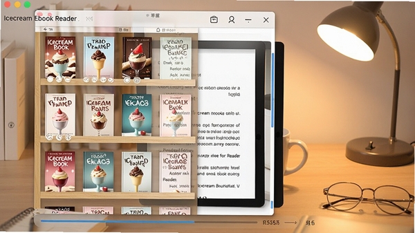 Icecream Ebook Reader �����������ͼ��չʾ��ܲ��ֺʹ򿪵ĵ�����ҳ�棬����Ϊ���ŵ�ľ��������ůɫ̨�ƹ��ߣ���������չʾ�鼮������Ķ�����������������ܰ����
