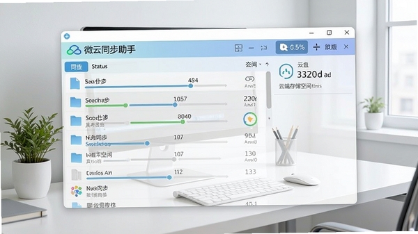 微云同步助手主界面截图,展示文件同步状态列表与云端存储空间信息,背景为整洁的现代办公桌面环境,整体色调清爽明亮