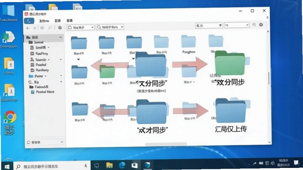 微云同步助手功能示意图,展示多个文件夹分别标记双向同步与仅上传的不同状态箭头,背景为电脑桌面文件管理窗口