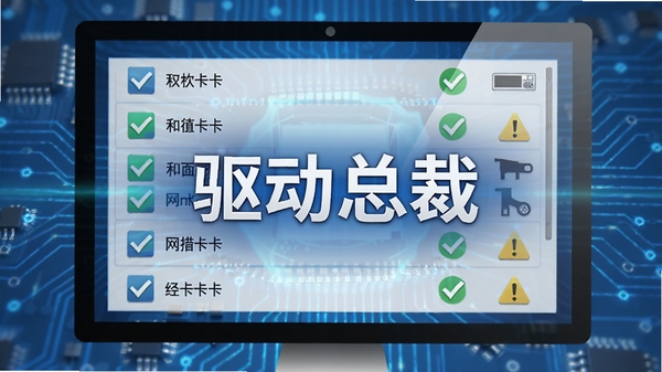 驱动总裁硬件扫描过程示意图,画面显示一个电脑屏幕,屏幕上列出多个硬件名称和状态图标,如显卡、声卡、网卡等,旁边有绿色对勾和黄色感叹号标识,背景为半透明的电路板纹理,整体色调以蓝色和白色为主,突出扫描动作和结果展示,画面中央有驱动总裁字样,风格写实且具有科技感
