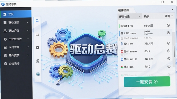 驱动总裁主界面预览图,展示软件主窗口,左侧为功能导航栏,右侧为硬件检测结果列表,背景为浅色科技感界面,整体风格简洁清晰,突出驱动列表与一键安装按钮,画面中心显示驱动总裁logo,周围有齿轮和电路板元素,营造专业可靠的氛围,细节丰富,色彩明亮