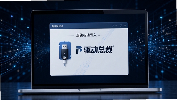 驱动总裁离线模式操作演示,画面显示一台笔记本电脑,屏幕上显示离线驱动包导入界面,有U盘插入的图标,背景为深色科技感背景,有数据流动线条,中间有驱动总裁logo,突出离线安装的便捷性和实用性,整体色调偏冷色系,氛围专业
