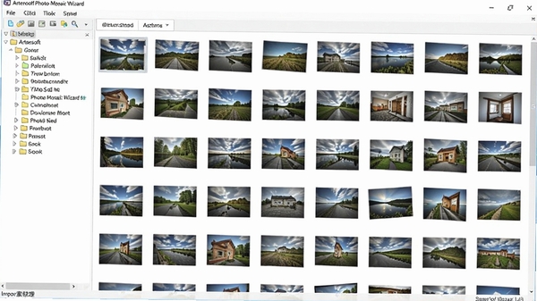 Artensoft Photo Mosaic Wizard批量导入素材管理界面,展示大量照片缩略图以网格形式排列,左侧有文件夹树状目录,界面风格简洁明亮