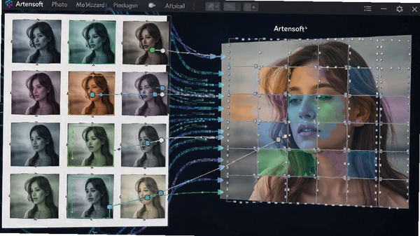 Artensoft Photo Mosaic Wizard智能色彩匹配功能示意图,展示多张不同色调的素材照片正在被算法分析并映射到目标图像的对应网格中,背景有数据流线条