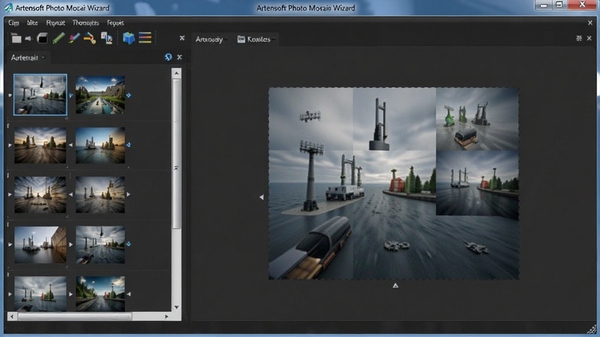 Artensoft Photo Mosaic Wizard软件界面预览图,展示主操作窗口,左侧为素材列表,右侧为拼贴预览区,背景为深灰色调,突出软件专业感