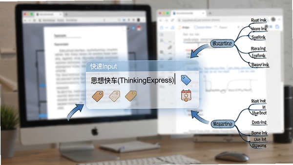 ˼��쳵(ThinkingExpress) ���ټ�¼������ʾͼ��������һ����͸���Ŀ������������������֮�ϣ�������ģ�����ĵ�����������ڣ�������к������ֺͱ�ǩͼ�꣬��Χ�м�ͷָ��˼ά��ͼ�ĸ����ڵ㣬���ָ�Ч��׽��Ϣ�Ĺ���