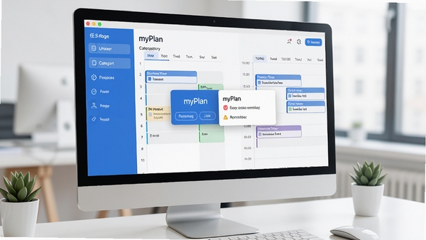 myPlan软件主界面预览图,展示左侧任务分类栏与右侧时间轴日程规划,整体采用蓝白配色,界面简洁明亮,背景为现代办公桌面,电脑屏幕上清晰显示myPlan的日程安排与提醒弹窗